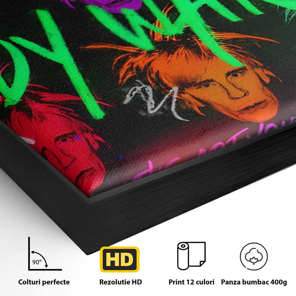 Detaliu al suprafetei: tablou canvas cu portrete pop art andy warhol, in rama de aluminiu negru